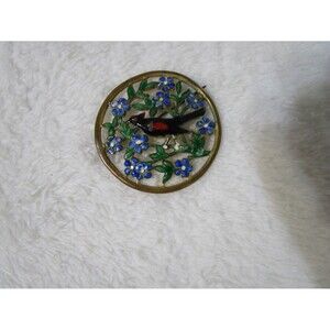 Vintage Enamel Pin Black Bird on Blooming Branch with Blue Flowers Circle Brooch